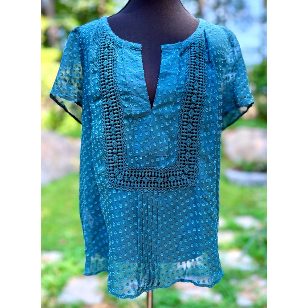 Anthropologie Meadow Rue Silk Blend Teal Clip Dot Crochet Lace Blouse Medium